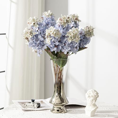 Ttranewsoo Hydrangea Artificial Flowers,Fall Hydrangeas Artificial Flowers,Blue Fake Fall Dried Hydrangea Flowers Decoration,Faux Silk Flower with Stems Winter Decor(Blue 24" 8pcs) Without Vase - color: Blue