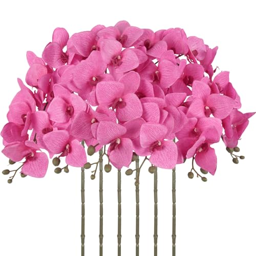 6 Pcs Hot Pink Orchids Artificial Flowers Velvet Silk Faux Phalaenopsis Orchid Stems 30" Long Branch Fake Orchids That Look Real for Tall Vase Wedding Party Centerpieces Home Decor (Hot Pink) - color: Hot Pink