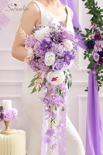 Serwalin 11 Inch Wedding Bouquets for Bride Bridesmaid, Purple Rose Bridal Bouquets for Bride, Wedding Flowers Bouquet Tossing Bouquet, Ceremony and Anniversary - color: Purple