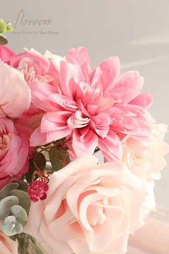 Floroom Hot Pink Blush Artificial Flowers Fake Roses Peonies Dahlias and Greenery Combo Box Set for DIY Wedding Bouquets Bridal Shower Centerpieces Floral Arrangements Party Tables Home Decorations - color: Vibrant Blossom Fuchsia