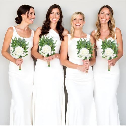 8 Inch Bridesmaid Bouquets Set of 4 - Ivory Artificial Flowers Greenery Bouquet for Wedding, Silk Small Floral Bouquet for Ceremony and Anniversary Marriage Proposal Centerpiece Decorations - color: Ivory Rose, size: 4pcs