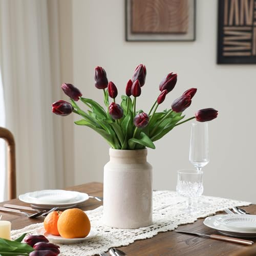 mizii 15Pcs Burgundy Tulips Artificial Flowers Latex Plastic Real Touch Fake Tulips Flowers Look Real Faux Tulip Flower Bouquet Decoration for Vase Room Table Centerpieces Home Decor (Burgundy) - color: Burgundy
