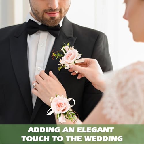 Artificial Rose Corsage & Wrist Corsage Set, Rose Wrist Flower Wristlet Bracelet Groom Best Man Boutonniere, for Prom Suit Decorations Wedding Party Flower Accessories(Color:Pink) - color: Pink
