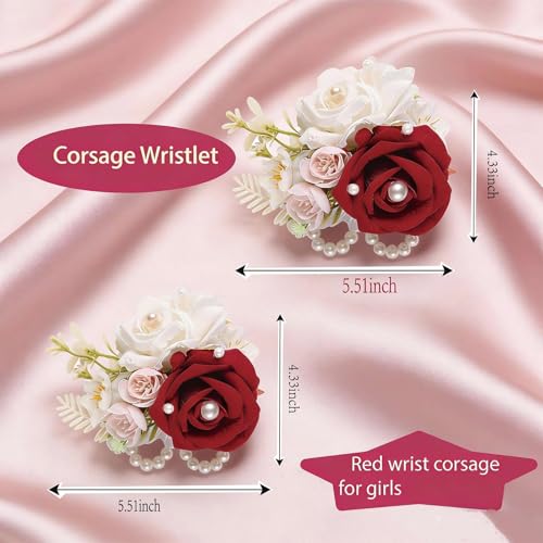 2Pcs Burgundy Dark Red Wrist Corsage for Wedding Prom, Artificial Rose Corsage Wristlet Bracelet for Bridesmaid Bride Flower Girl Party. (Dark-red, 2pcs Wrist Corsage) - color: Dark-red, 2pcs Wrist Corsage