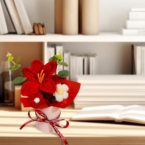 Handmade Crochet Tulip Flowers Bouquet, Knitted Tulip Bouquet Pot for Mother's Day Birthday Wedding Christmas, DIY Décor for Car Office Desk & Home Décor, Perfect for Mom Wife Girlfriend Lover (Red) - color: Red