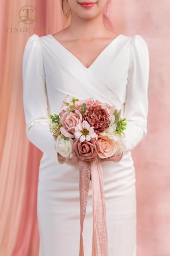 TINGE TIME 9 inch Bridal Bouquets for Bride, Artificial Silk Flowers Tossing Bouquet, Bride Bouquets for Wedding,Ceremony, Anniversary (DustyRose&Cream) - color: Dusty Rose & Cream