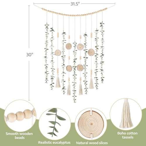 Dahey Hanging Artificial Plant Eucalyptus Wall Decor 31'' Wooden Bead Garland with Fake Greenery Leaves Boho Rustic Farmhouse Wall Art for Bathroom Office Living Dining Room Bedroom Kitchen Decoration - size: 31 inches