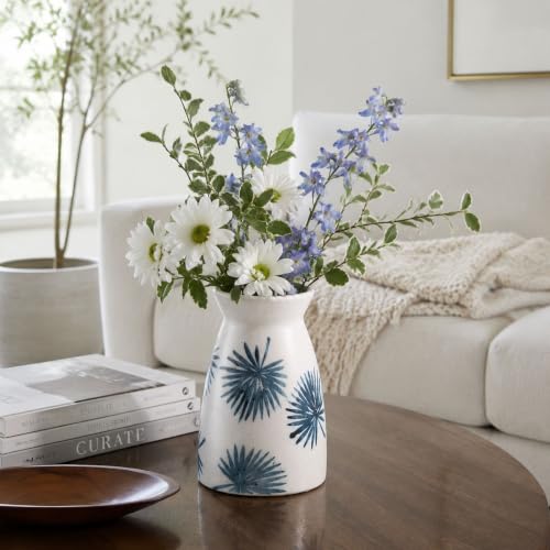hjn Teal Ceramic Vase Modern Minimalist Table Centerpiece, Round Smooth Flower Holder for Living Room, Shelf, Mantel, Wedding & Home Decor -Cream-7" H - color: Teal White-7inch