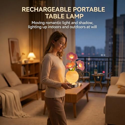 Flower Table Lamp, Rechargeable Cordless Touch Dimming Artificial Morning Glory Flower Desk Lamp, LED Flower Bedside Night Light Romantic Gifts for Girl Women Mom (Pink Morning Glory) - color: Pink Morning Glory