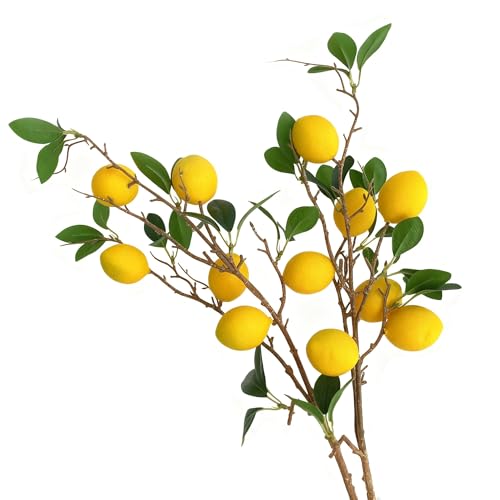 2 Bunches Artificial Lemon Stems, 12 Pcs Faux Lemon Fruit with Green Leaves, Fake Lemons Decor for Vase Filler, Kitchen Table Farmhouse Centerpiece Decor(LB-01)
