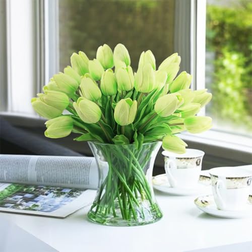 Beferr 18pcs Tulips Artificial Flowers Faux Tulip Real Touch Fake Flowers Bouquets Arrangements for Easter Spring Flowers Home Table Decor Green - color: Q-18pcs-1colors-green, size: 18PCS