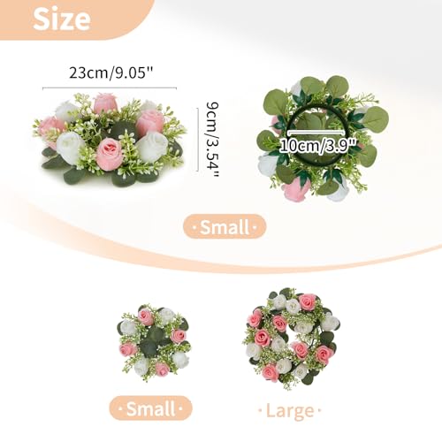 NUPTIO Flower Wreath for Table Centerpieces: 9.05 Inch Small Pink & White Candle Rings for Wedding Party Christmas Decorations - Rose Wreaths for Spring Summer Front Door Porch Decor 2 Pcs - color: Pink & White, size: Dia 9.05"-2pcs