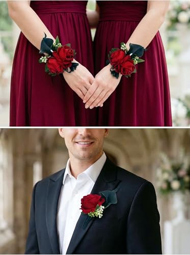 Red Rose Wrist Corsage Wristlet Band Bracelet and Men Boutonniere Set with Black Calla Lily for Wedding Flower Accessories Prom Suit Decorations