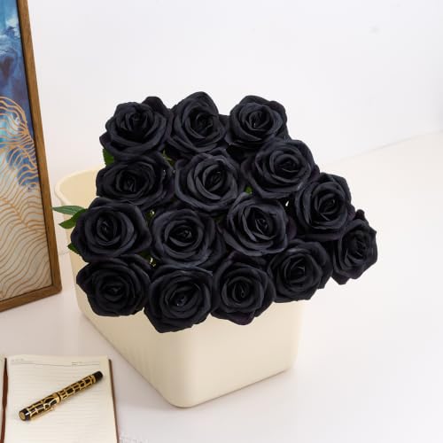 50pcs Black Roses Artificial Flowers Bulk Fake Roses Silk Flower with Stems Realistic Flowers for Wedding Centerpiece Party Birthday Decor - color: Black