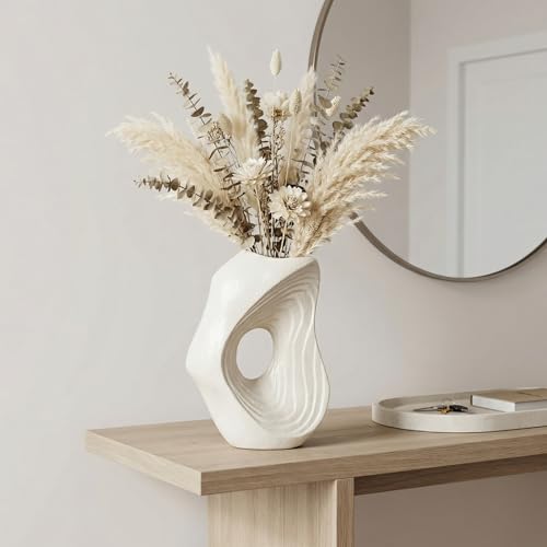 Sunddo Donut Vase - White Ceramic Vase for Home Decor - 11 Inch Modern Boho Vases for Pampas Grass, Entryway, Wedding, Fireplace, Kitchen Counter Decor - color: White, size: 11 inch