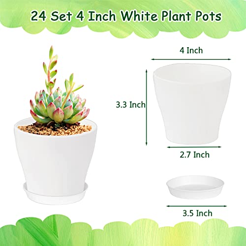 24 Set 4 Inch White Plant Nursery Pots,Plastic Planters Succulent Container with Trays and Drainage Holes for Indoor Outdoor Small Plants,Herbs,Seeds