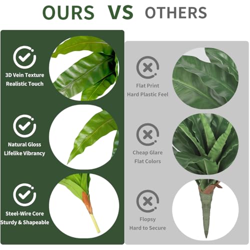 3pcs Artificial Bird's Nest Fern, 27.5" Wide Large Faux Fern Plants (45 Leaves Total), UV Resistant Fake Greenery for Window Box, Planter, Outdoor Porch, Patio & Indoor Home Office Decor