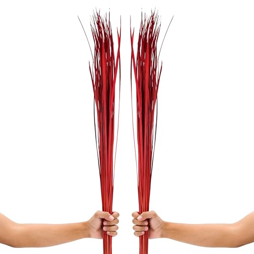 Leewadee Tall Vase Filler , Natural Grass Stems – 2 Bunches of Colored Branches for Vases, Carefully Dried Twigs for Home and Bar Decoration, 45 inches, Red - color: Red, style: Dried Grass