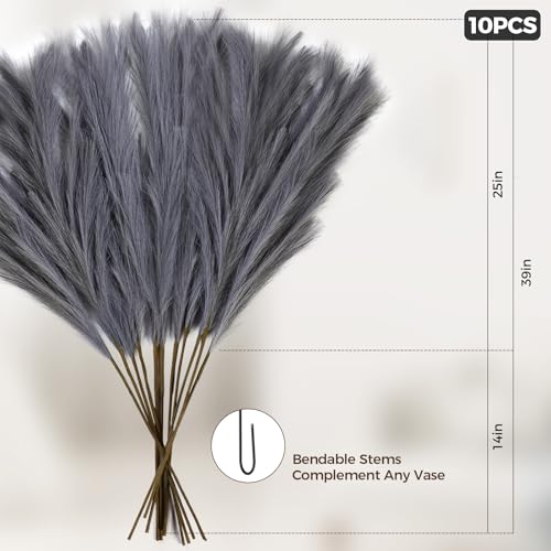 10 Pcs 39''/3.2FT Faux Pampas Grass Decor, Large Tall Fluffy Artificial Fake Flower, Bedroom Decor Boho Decor Pompas Floral for Vase Filler Farmhouse Home Wedding Decor (Grey) - color: Grey