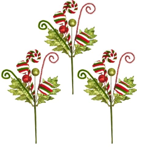 3 Pack Artificial Christmas Floral Picks Lime Green Red Berry Stems Xmas Tree Branches with Glitter Ball for Party Flower Arrangement Centerpieces (Green) - color: Green