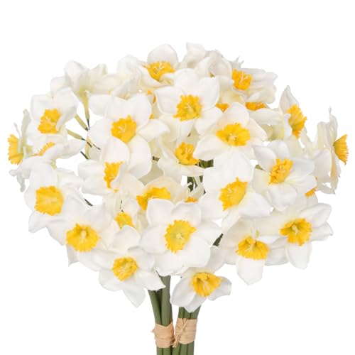 Briful 12 Stems Daffodils Artificial Flowers 2 Bunches Real Touch Fake Narcissus Flower 9in Silk Spring Fake Flowers Wedding Floral Decor Bouquet for Home Party Wedding Office Anniversary Decor,White - color: White#162