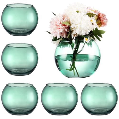 Green Round Vases Set of 6, Flower Vases for Centerpieces, Glass Vase for Flowers, Glass Bowl Vase for Living Room, Bedroom, Kitchen, Office, Wedding, 5'' W x 4'' H - color: Green, size: 5”
