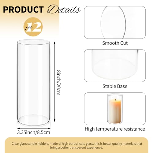 12Pack Glass Cylinder Vases for Centerpieces - 8 Inch Tall Flower Vase for Wedding Decorations, Floating Candle Holder Vase Bulk,Glass Hurricane Candle Holders for Table Shelf, Party, Home Decor - size: 3.35×8inch