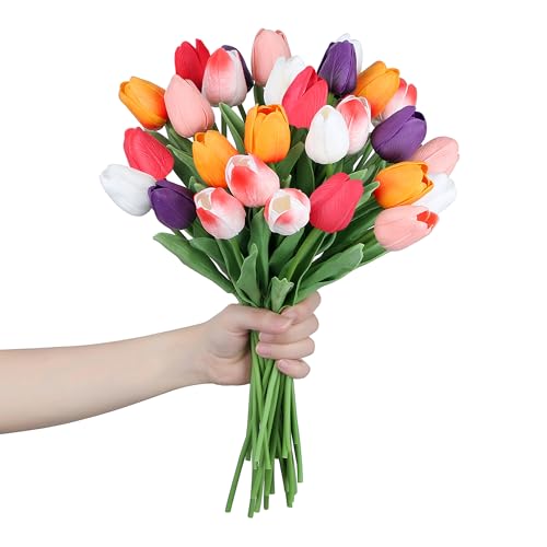 SITUMEIZI Fake Flowers Tulips Artificial PU Flower 15pcs Real Touch 14" for Spring Easter Home Kitchen Wedding Bouquet Bulk Mother's Gift Day Decorations(Multicolor,6) - color: Red,purple,rose Red#,pink,white,sunset Red