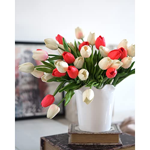 FiveSeasonStuff Real Touch Tulips Artificial Flowers – 15 Stems Faux Tulip Bouquet in Gift Box for Wedding, Home Decor, Party, Floral Arrangements (Scarlett Red) - color: #7 Scarlet Red