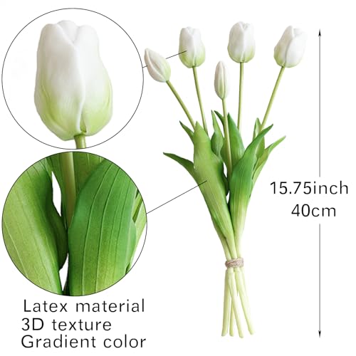 DUYONE 40pcs Artificial Tulips Flowers, FLatex Bouquet,Fake Tulips for Office Wedding Party Home Kitchen Garden Decoration - color: 40pcs White Set (No Vase)