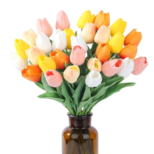 SITUMEIZI Fake Flowers Tulips Artificial PU Flower 15pcs Real Touch 14" for Spring Easter Home Kitchen Wedding Bouquet Bulk Mother's Gift Day Decorations(Multicolor,5-2) - color: White,pink,sunset Red,light Orange,yellow