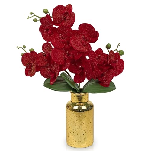 Oairse Red Orchids Artificial Flowers Faux Orchid Arrangement with Gold Glass Vase Real Touch Velvet Phalaenopsis Orchid Flowers Orchids Centerpiece for Dining Room Table - color: Red # Gold