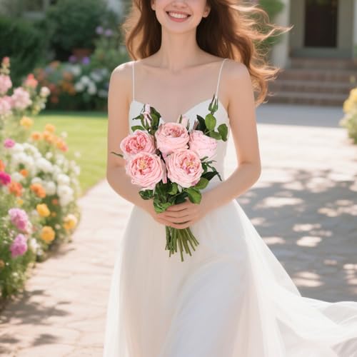Real Touch Pink Austin Roses Peonies Artificial Flowers 4 Bouquets Latex Fake Peonies with Long Stem Realistic Faux Peonies Flower for Wedding Party Home Table Centerpieces Decorations (Pink) - color: Pink