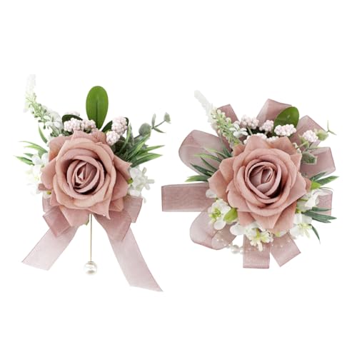 Dusty Rose Corsage and Boutonniere Set, Corsage Wristlet for Women and Boutonniere for Wedding Prom Homecoming, Artificial Rose Flowers Boutonniere and Wrist Corsage - color: Dusty Rose