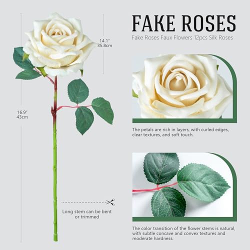 Ttranewsoo Fake Roses Faux Flowers 12PCS Silk Roses Artificial Roses with Stems Realistic Artificial Flowers Suitable for Indoor Home Decoration DIY Bouquet Wedding Decor Party Decor 16.5In (White) - color: White 12pcs