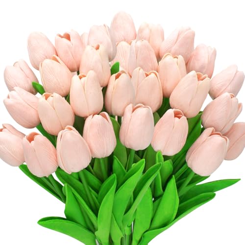 28pcs Light Pink Flowers Artificial Tulip Stems Real Feel PU Tulips for Easter Spring Wreath Wedding Bouquet Centerpiece Floral Arrangement Cemetery Table Décor 13" Tall - color: Light Pink