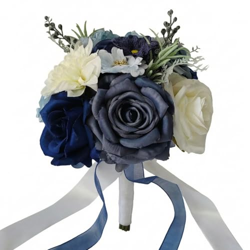 Wedding Bouquets for Bride, Dusty Blue Bridal Bouquet | Realistic Silk Rose for Rustic Boho Church Ceremony, Proposal, Thanksgiving, Wedding Decor - color: Dusty Blue