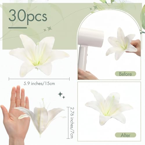 Suncalla 30 Pack Large Artificial Lilies Flower Heads with Realistic Stamens 5.9" Faux Fake Lily Flower Heads Bulk for DIY Crafts Cake Wedding Bridal Wreaths Table Home Party Decor (White) - color: White