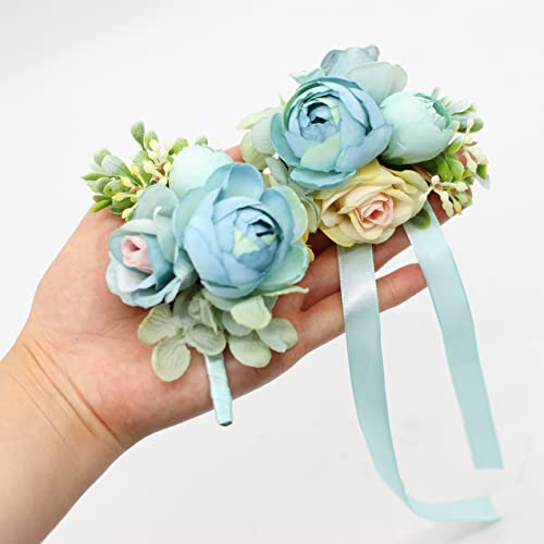 Corsage and Boutonniere Set, Handmade Artificial Peony Rose Wrist Corsage Wristlet and Groom Boutonniere for Men Wedding Prom Suit Decorations (Blue) - color: Blue
