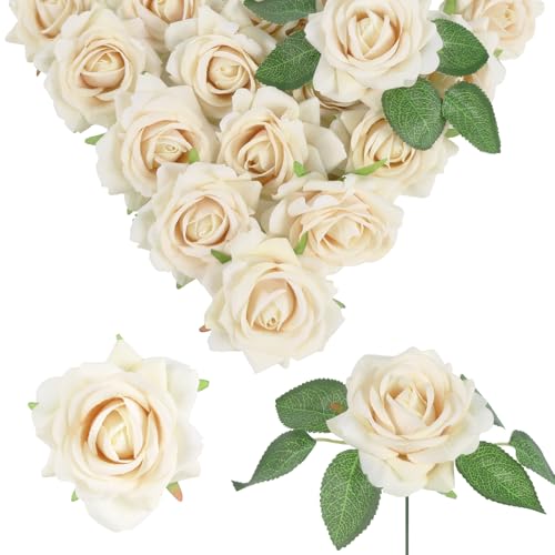 Champange Roses Artificial Flowers 16pcs Velvet Artificial Roses with Stems 3.15" Fake Roses for Bridal Bouquet Wedding Flowers for Floral Centerpieces Home Party Decor (Champange) - color: 3.15" Champagne
