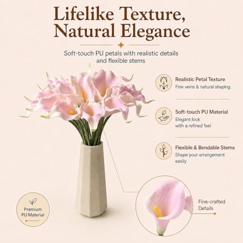 Mandy's Light Pink Calla Lily Artificial Flowers, 20 Stems 13.5" PU Realistic Bouquet for Vase, Elegant Home Decor Centerpiece, Wedding Bridal Bouquet, Table Decoration - color: Light Pink