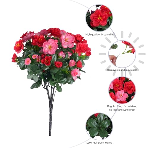 Artificial Faux Outdoor Flowers Plants for Spring Summer Decoration, Fake Silk Camellia UV Resistant Look Real for Planter Outside Front Door Porch Patio Balcony, 3 Large Bundles (Melon Red+Red) - color: Melon Red+red