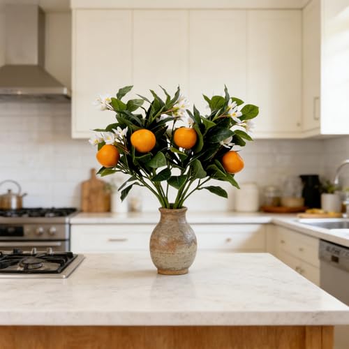 2PCS 16.9Inch Artificial Tangerine Branches Artificial Orange Branches Fake Orange Stem 6 Fruit with 42 White Flowers for Home Party Wedding Office Thanksgiving Indoor Outdoor Decor - color: 16.9inch Orange, size: 2 PCS