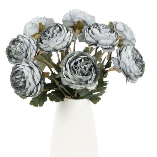 IPOPU 10pcs Dusty Blue Peonies Artificial Flowers Gradient Blue Silk Peonies with Stems Real Touch Fake Peony for Wedding Decoration Bride Bouquet Faux Flowers Floral Arrangement - color: Dusty Blue