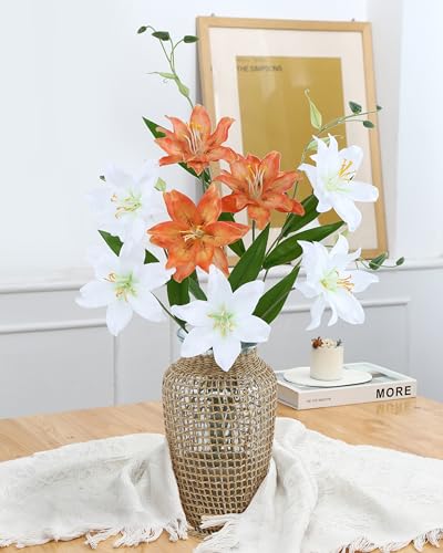 DuHouse 6 Pcs Artificial Lily Flowers, Fake Lilies Silk Flower for Table Vase DIY Wedding Bouquets Party & Home Decor(Orange) - color: Orange