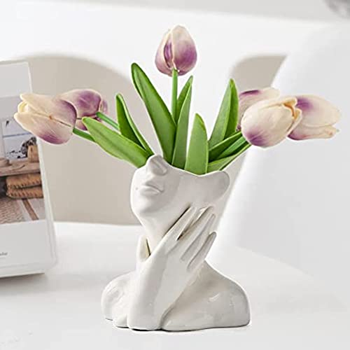 Ceramic Face Vase, White Flower Vases for Decor Female Form Head Half Body Vase Boho Unique Decorative Modern Style for Home Living Room Office Book Shelf (Medium) - color: B(medium)