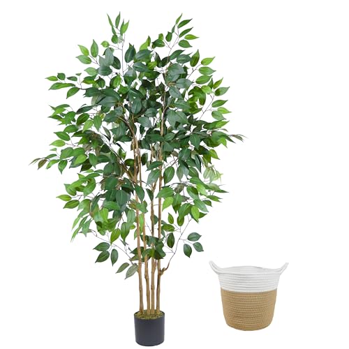 Warmplants Artificial Ficus Tree, 5ft Tall Silk Fake Ficus Leaves Plant with Basket, Indoor Outdoor Faux Greenery Tree for Home Garden Office House Livingroom Décor - color: Ficus, size: 5ft