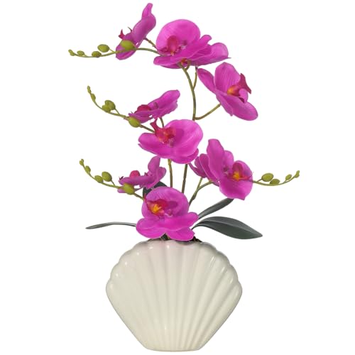 Artificial Phalaenopsis Orchid Plant in Seashell Pot, 16" Fake Orchid Flowers, Silk Faux Orchids for Home Decor, Office, Table Centerpiece, Real Touch Lifelike Indoor House Plant (Fuchsia) - color: Fuchsia