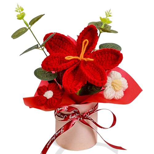 Handmade Crochet Tulip Flowers Bouquet, Knitted Tulip Bouquet Pot for Mother's Day Birthday Wedding Christmas, DIY Décor for Car Office Desk & Home Décor, Perfect for Mom Wife Girlfriend Lover (Red) - color: Red