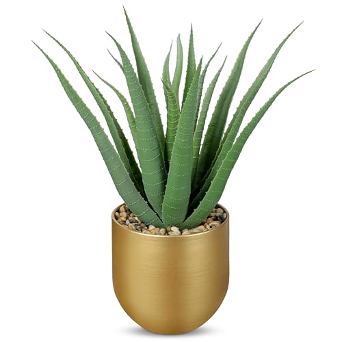 Briful Succulents Artificial Plants Realistic Agave Plant, 4.7'' Gold Metal Pot, Farmhouse Aloe Vera Fake Plants for Home Office Desk Bathroom Shelf Decorations - color: Green Agave Gold Vase